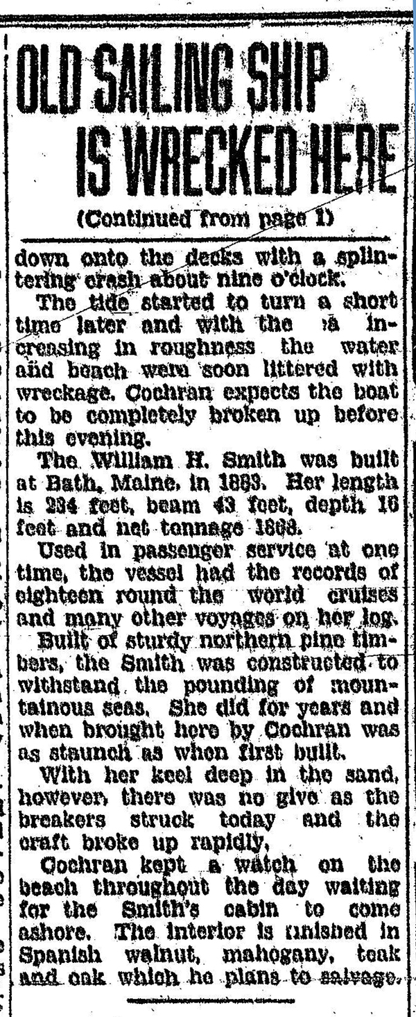 Newspaper clipping p7 from Monterey Peninsula Herald 24FEB1933 of shipwreck William H. Smith 