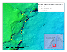 small image of map of target areas at Davidson Sea mount on OET Nautilus 2019