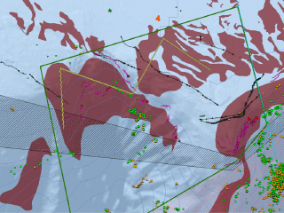 small map showing hard bottom (in red) and past research data points at site 4