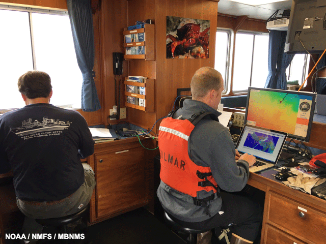 image of NMFS staff Jeff and Curt keep constant watch over the AUV while it is on the bottom