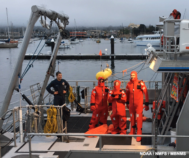 image of our visitors from Oceana putting on a survival suit within 2 minutes, clocked by the captain
