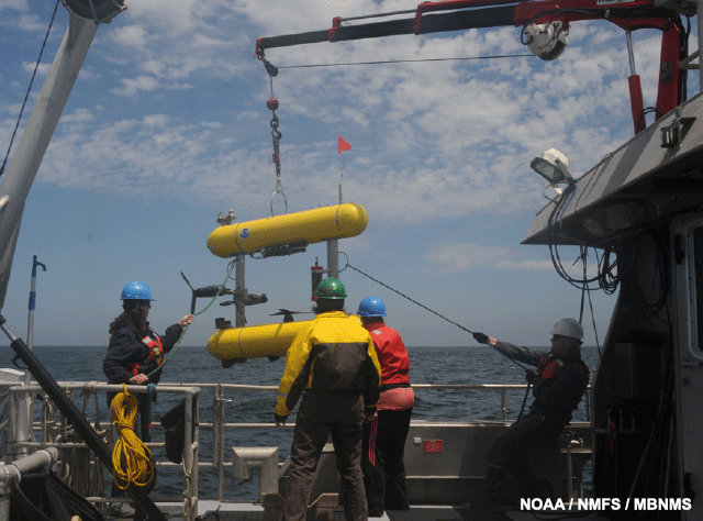image of AUV recovery using the crane and tag lines to control the swing.