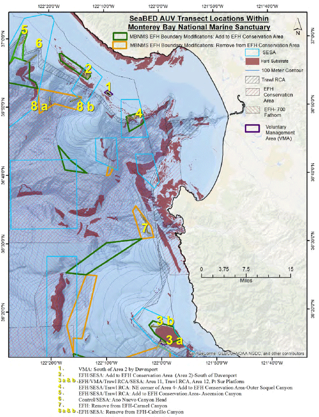 map of transect locations for AUV cruise in MBNMS 2017