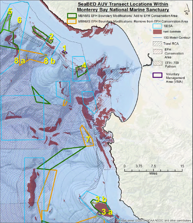 map of transect locations for AUV cruise in MBNMS 2017